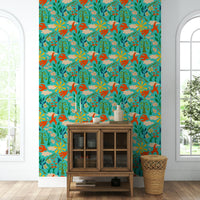 Playful wallpaper with cheerful birds and vivid flowers

