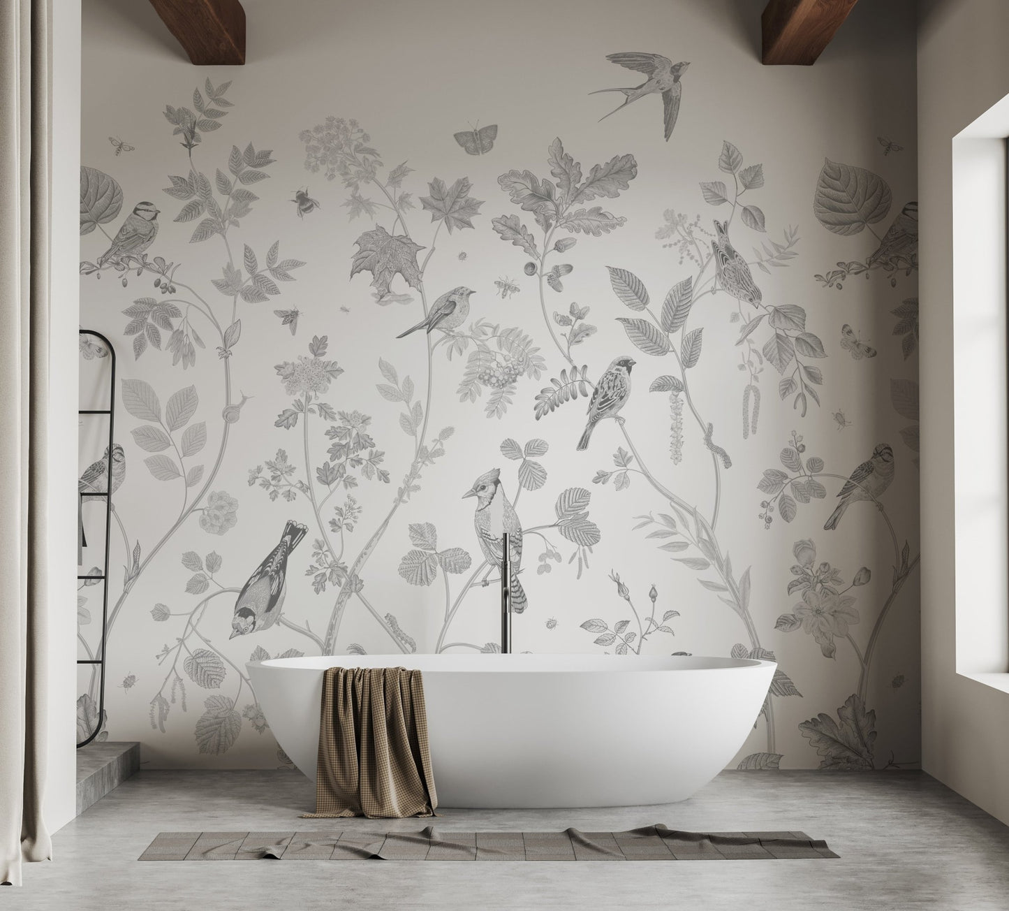 Gray bird wallpaper with botanical harmony