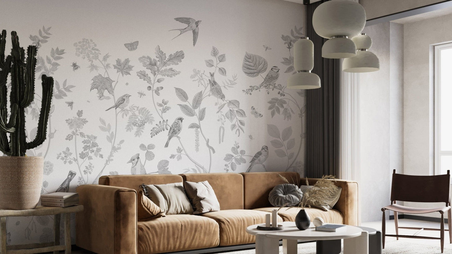 Gray wallpaper with detailed bird sketches