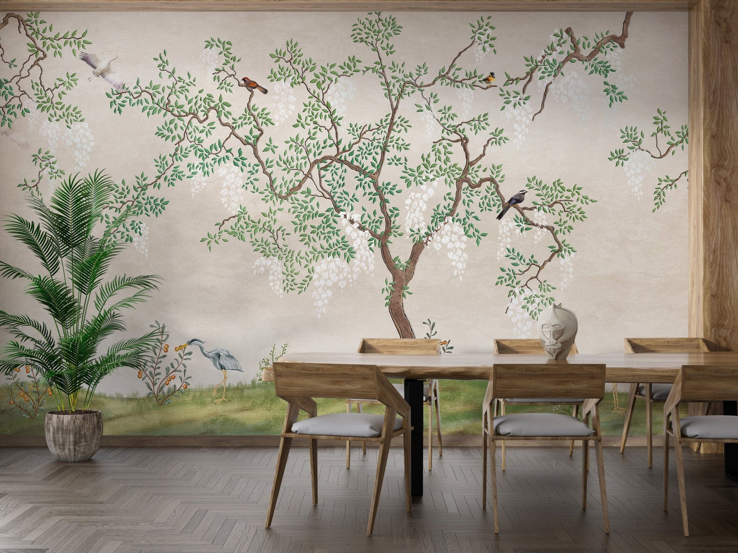 Bird-themed Japanese garden wallpaper for interiors B170