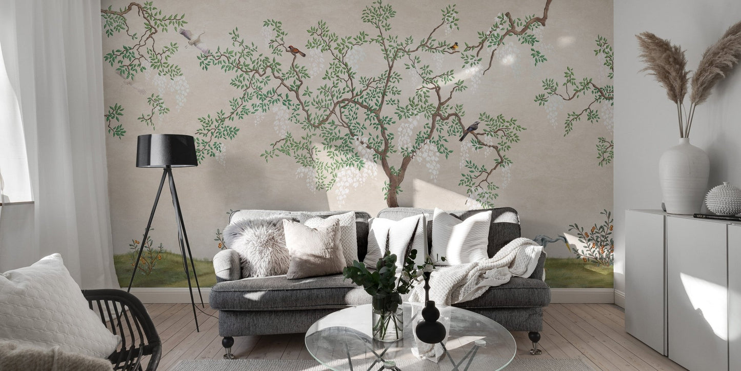 Japanese-themed garden mural featuring birds B170