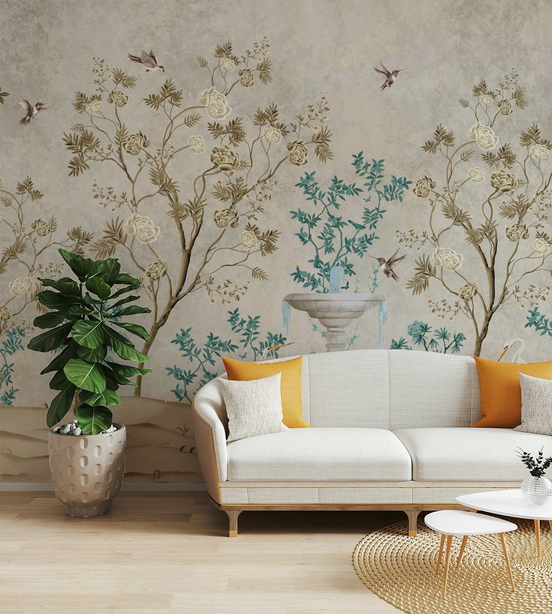 A full-wall mural showing a whimsical garden scene.
