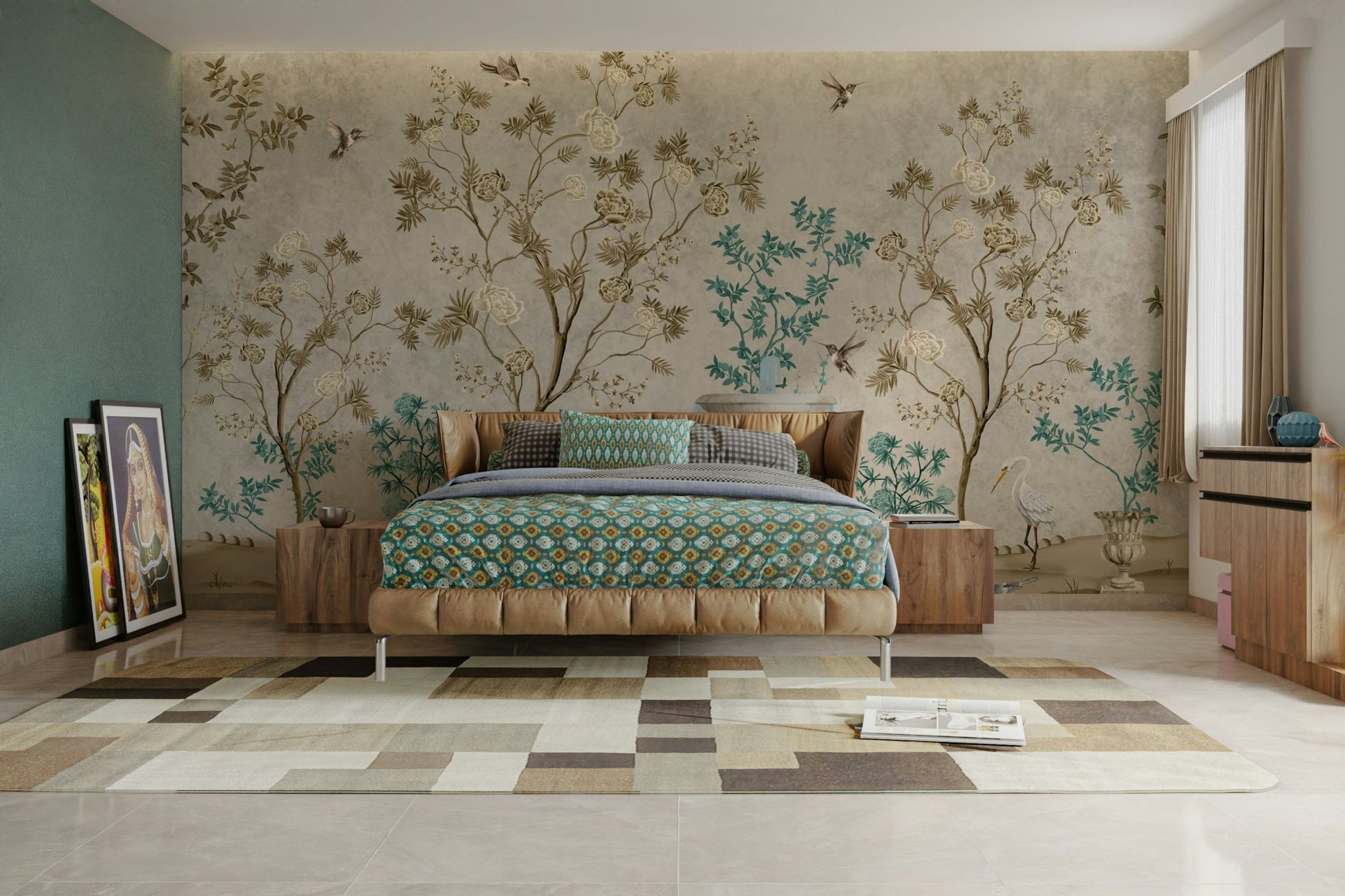 The mural is created for an entire wall, providing an immersive feel.
