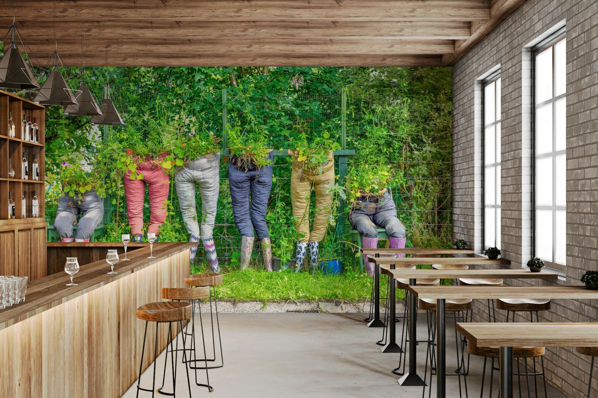 Creative garden wall mural with potted pants

