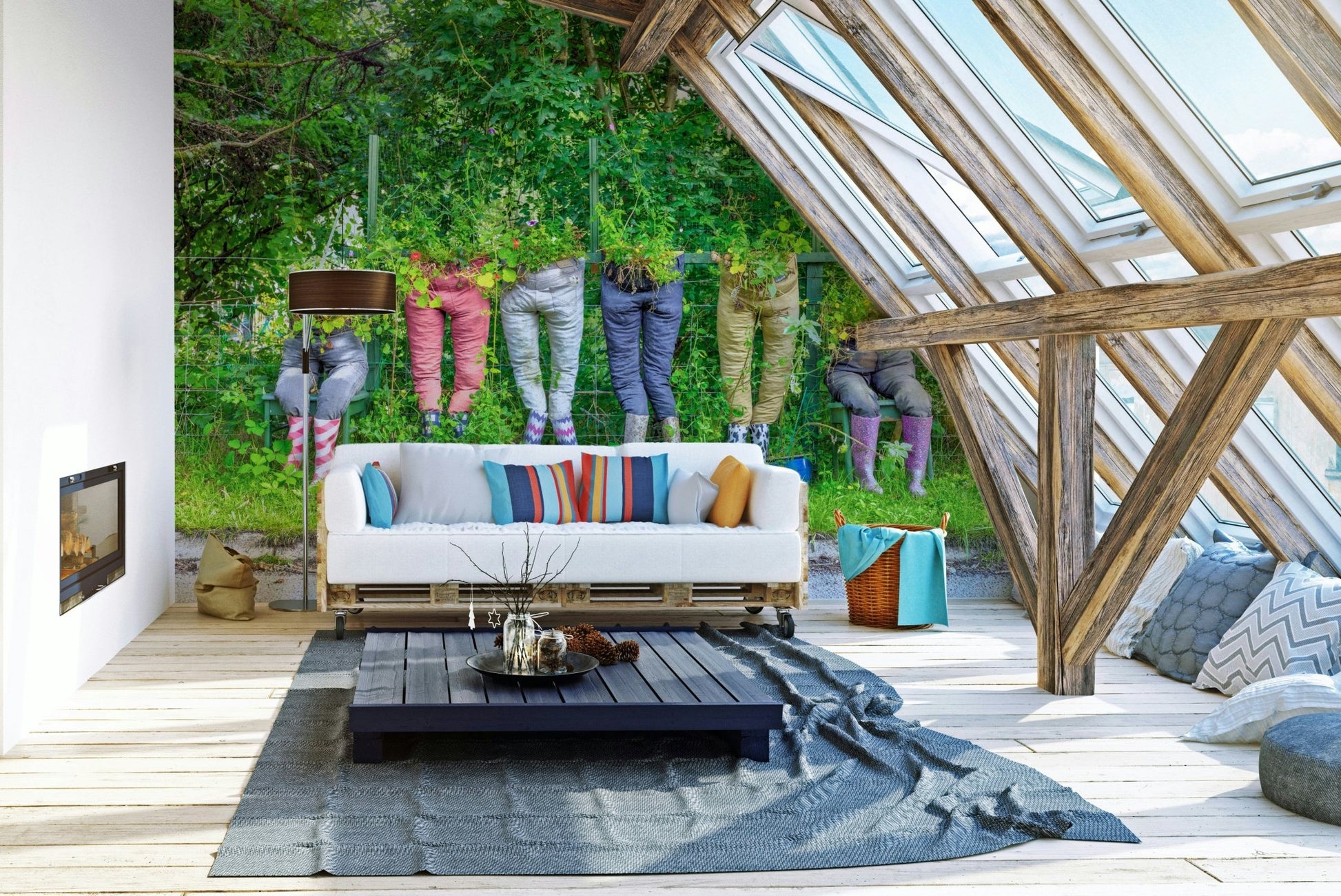 Unique mural with clothing turned into planters

