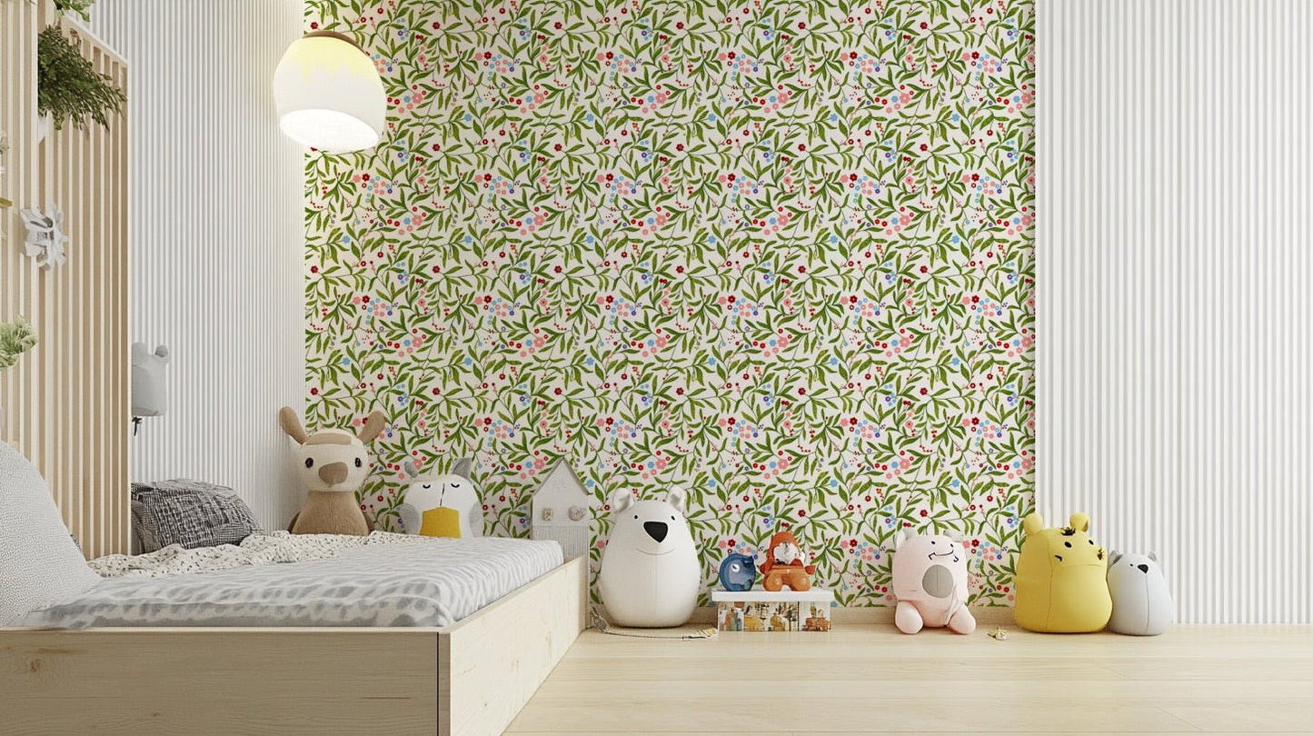 An artistic flower and bird mural on minimalist wallpaper., GD4681