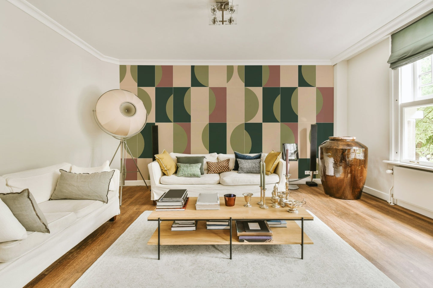 Earthy wall mural with botanical motifs

