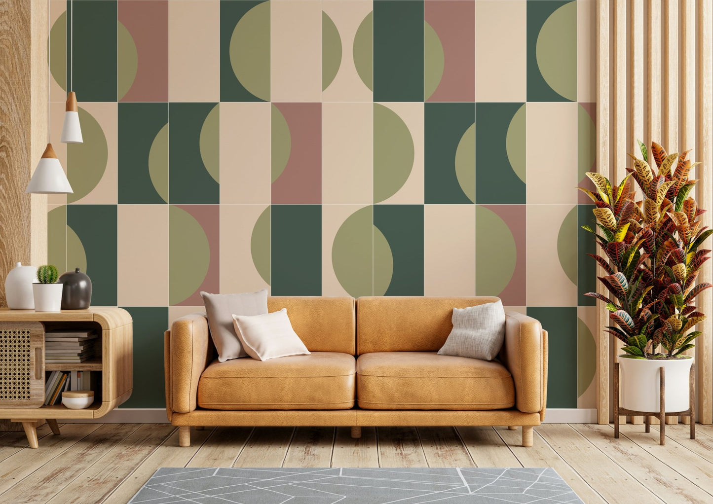 Floral tile-inspired wallpaper in soft tones

