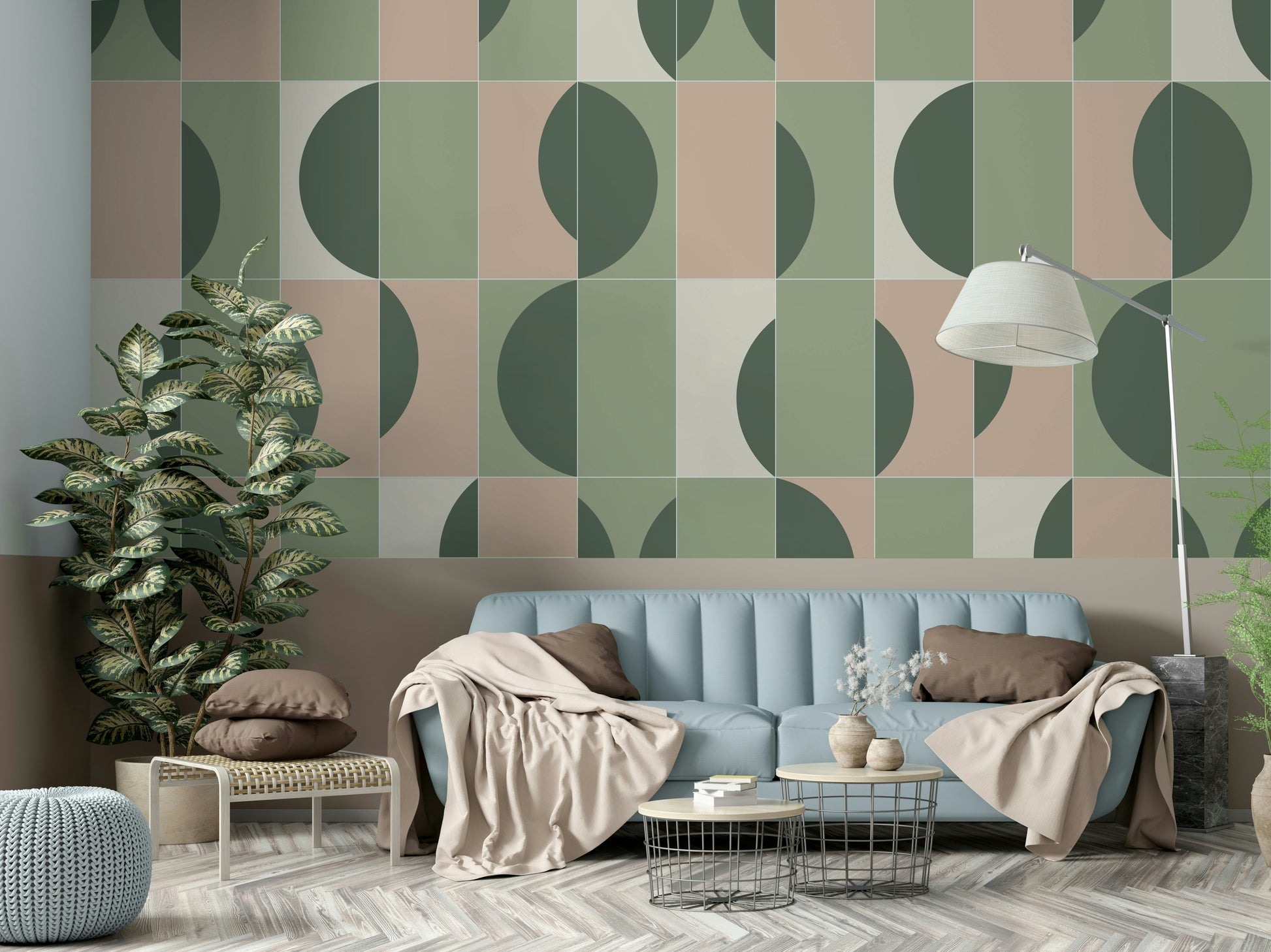 Botanical tile mural wallpaper in soft colors

