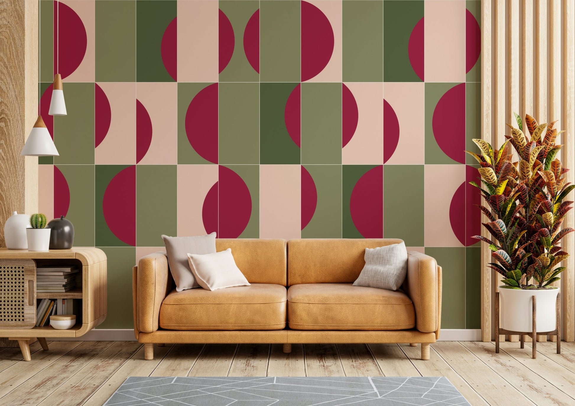 Wall mural with natural tile layout and motifs

