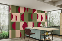 Mural wallpaper featuring floral and abstract tiles

