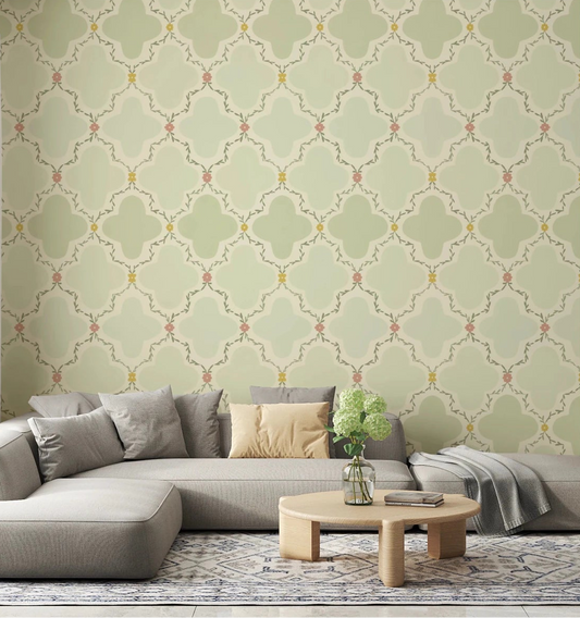 Garden Trellis Wallpaper adds a soft botanical pattern to this relaxed living room