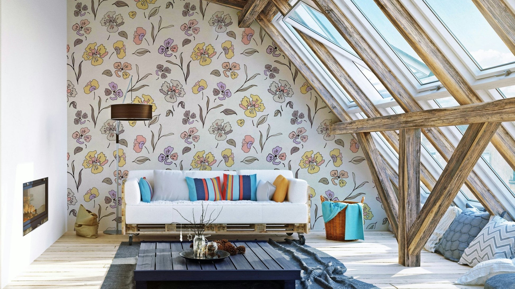 The colors are soft and gentle, with various shades of purple, green, and a light background.
