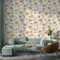 A full-wall mural showing a scene of garden violets.
