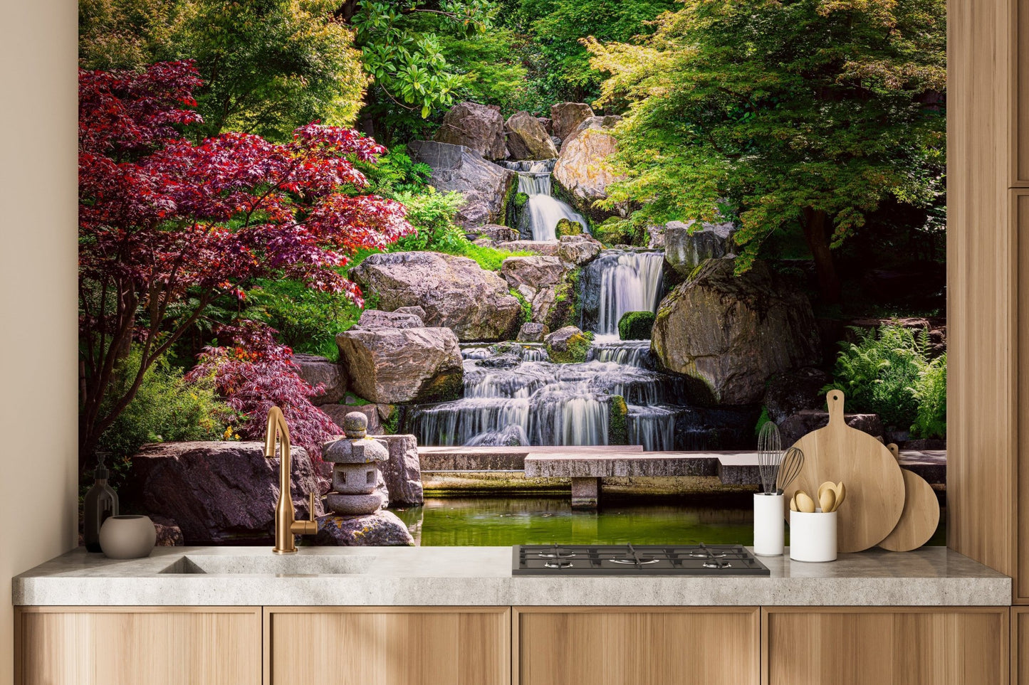Beautiful garden waterfall nature mural for rooms