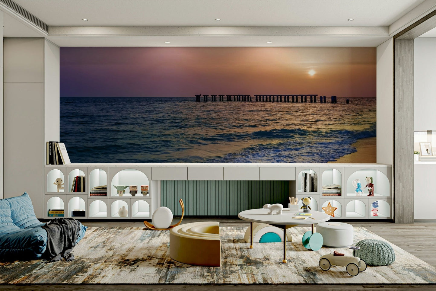 Radiant sky mural with soft waves and glowing sun.

