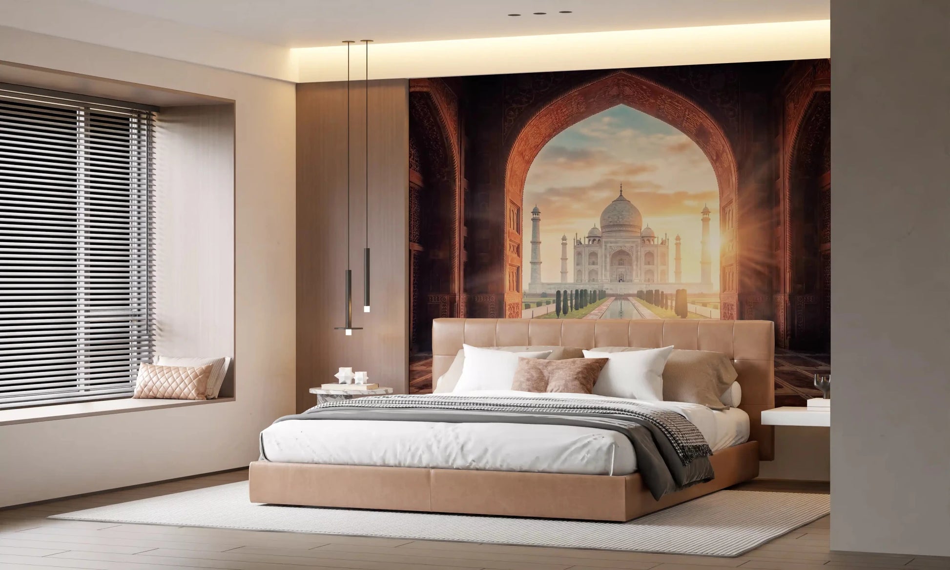 Bedroom Gateway Taj Mahal wall mural with glowing arch and heritage view