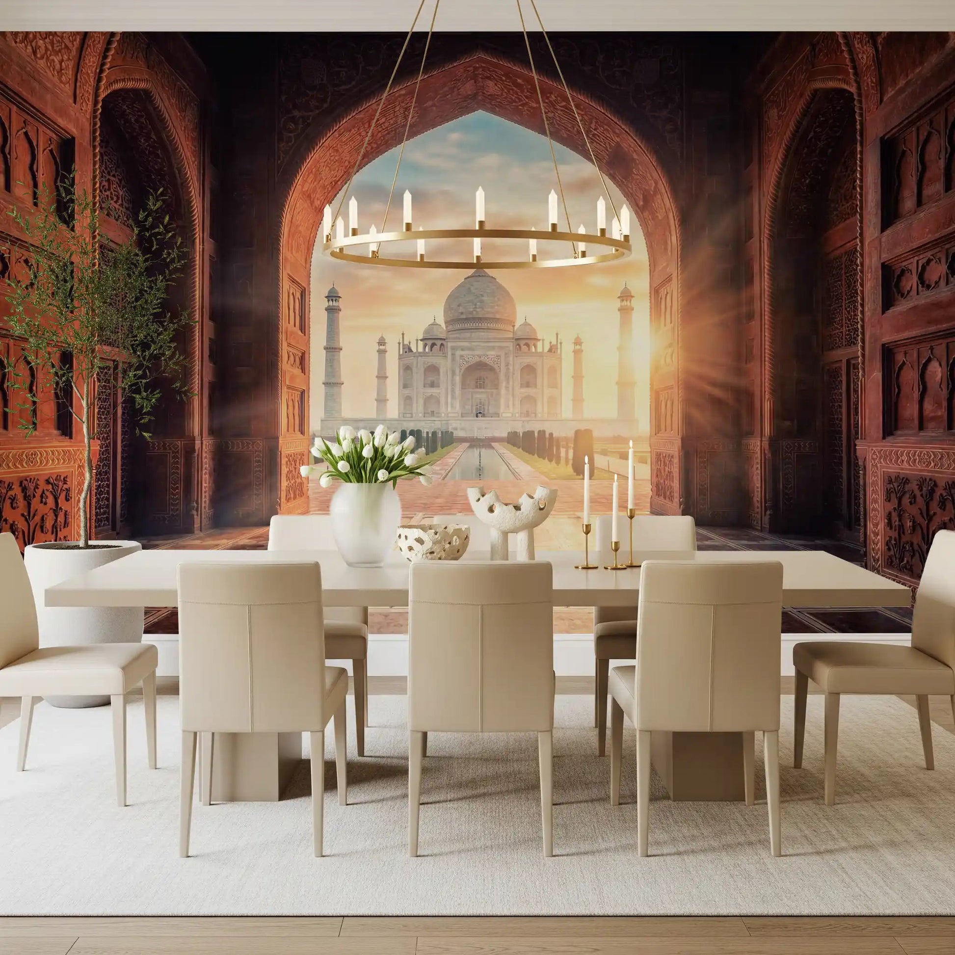 Taj Mahal Golden wall mural with ornate doorway and warm stone detail