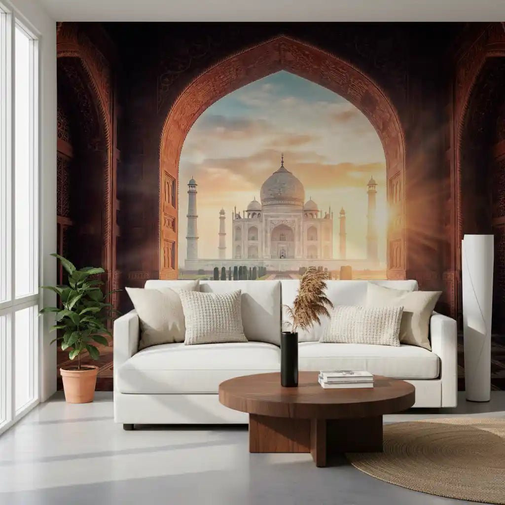 Home office Golden Hour Taj wall mural in warm architectural framing