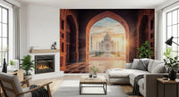 Living room Taj Mahal Golden Hour wall mural through carved archway scene