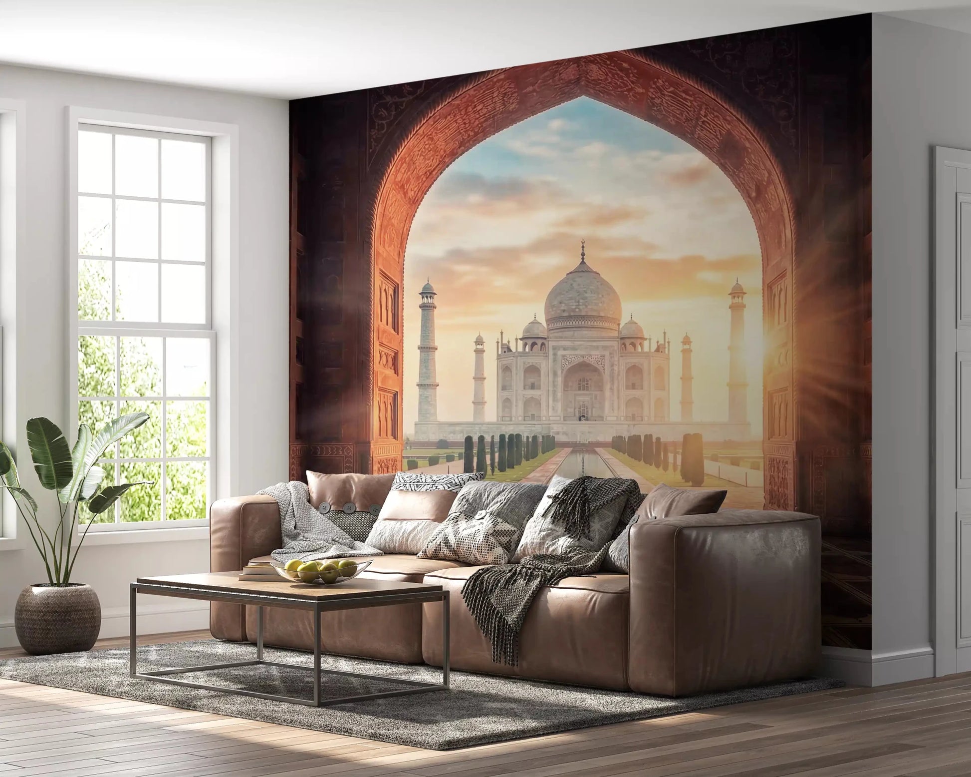 Gateway Taj wall mural with sun rays, carved panels, and palace view