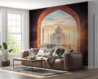 Gateway Taj wall mural with sun rays, carved panels, and palace view