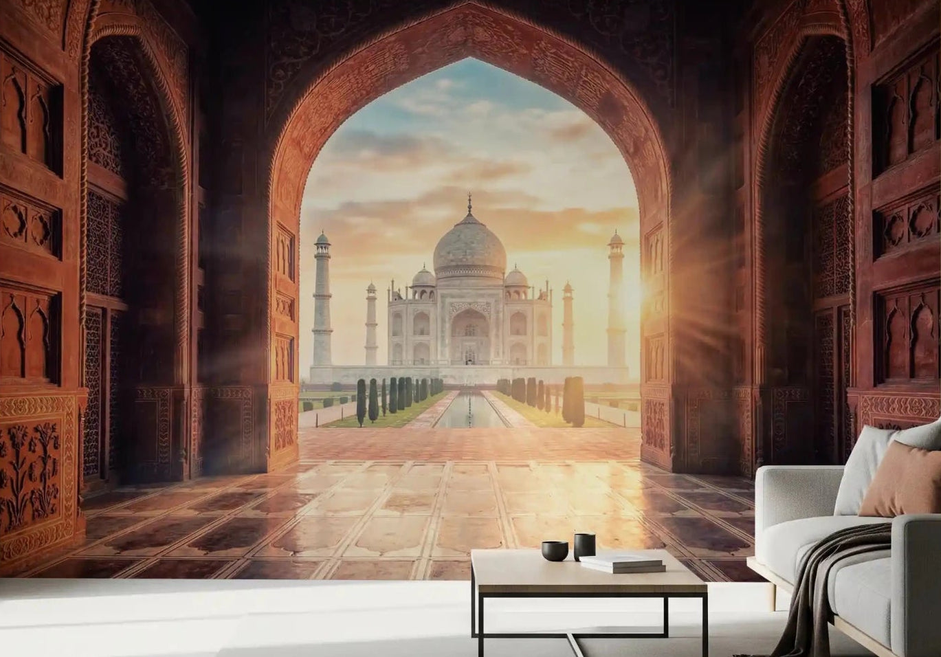 Hallway Gateway to Grandeur wall mural with Taj Mahal golden hour view, GD9055
