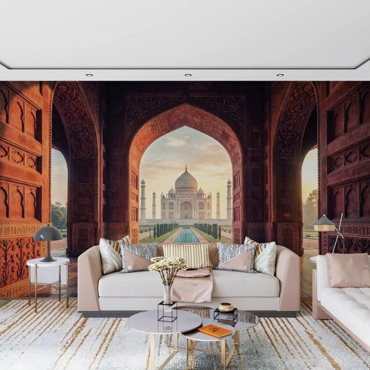 Living room Gateway to Grandeur wall mural with carved arch monument view, GD9056