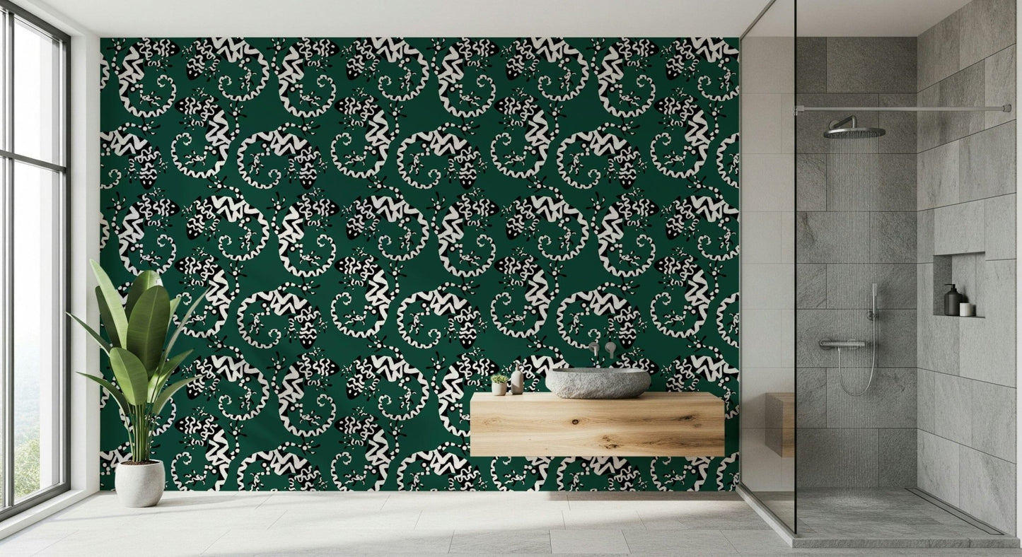 Gecko Groove Wall Mural behind a sleek armchair in a reading nook.