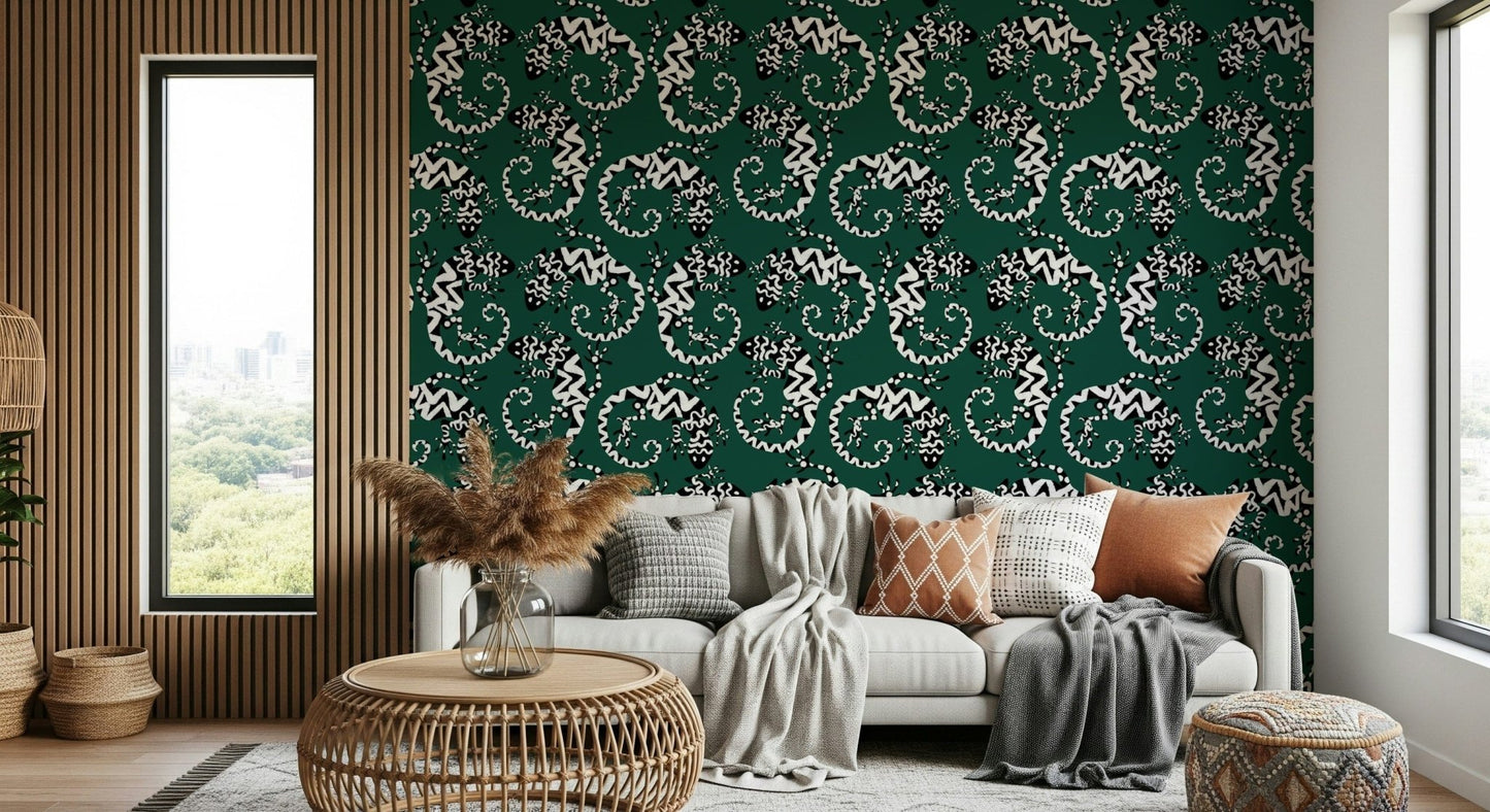 Large scale Gecko Groove wallpaper in a dynamic open-plan living space.