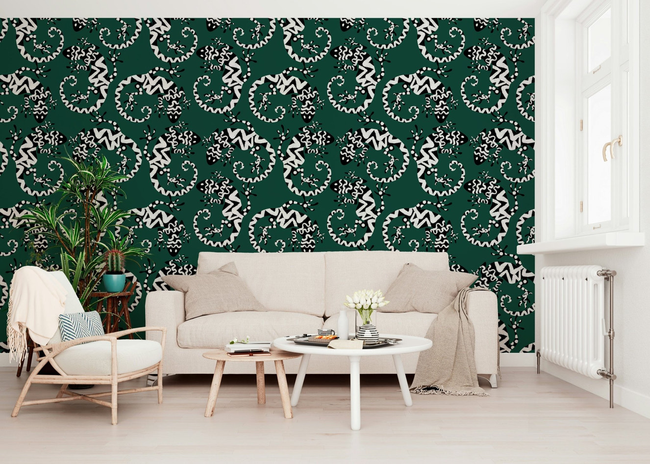 Living room with Gecko Groove wallpaper in a vibrant modern style.