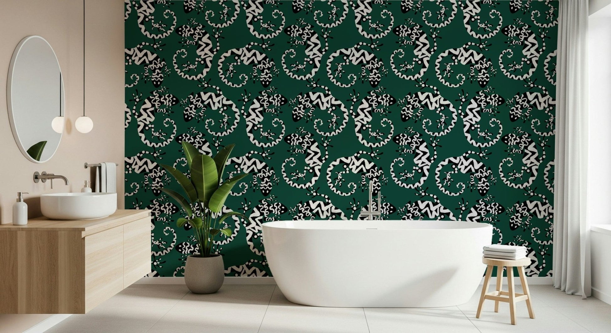 Neutral toned Gecko Groove wallpaper in a bright and airy lounge.