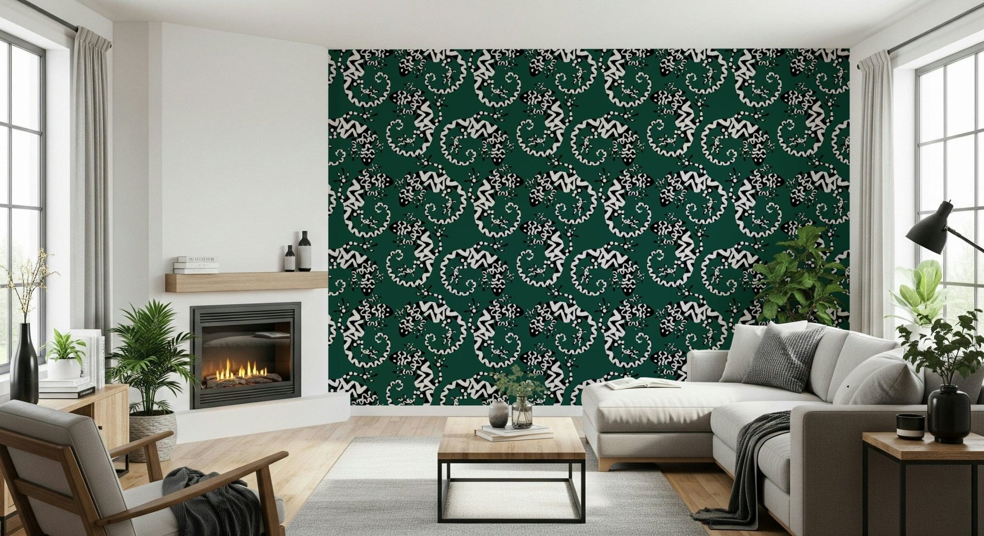 Bedroom feature wall featuring Gecko Groove wallpaper for a playful look.