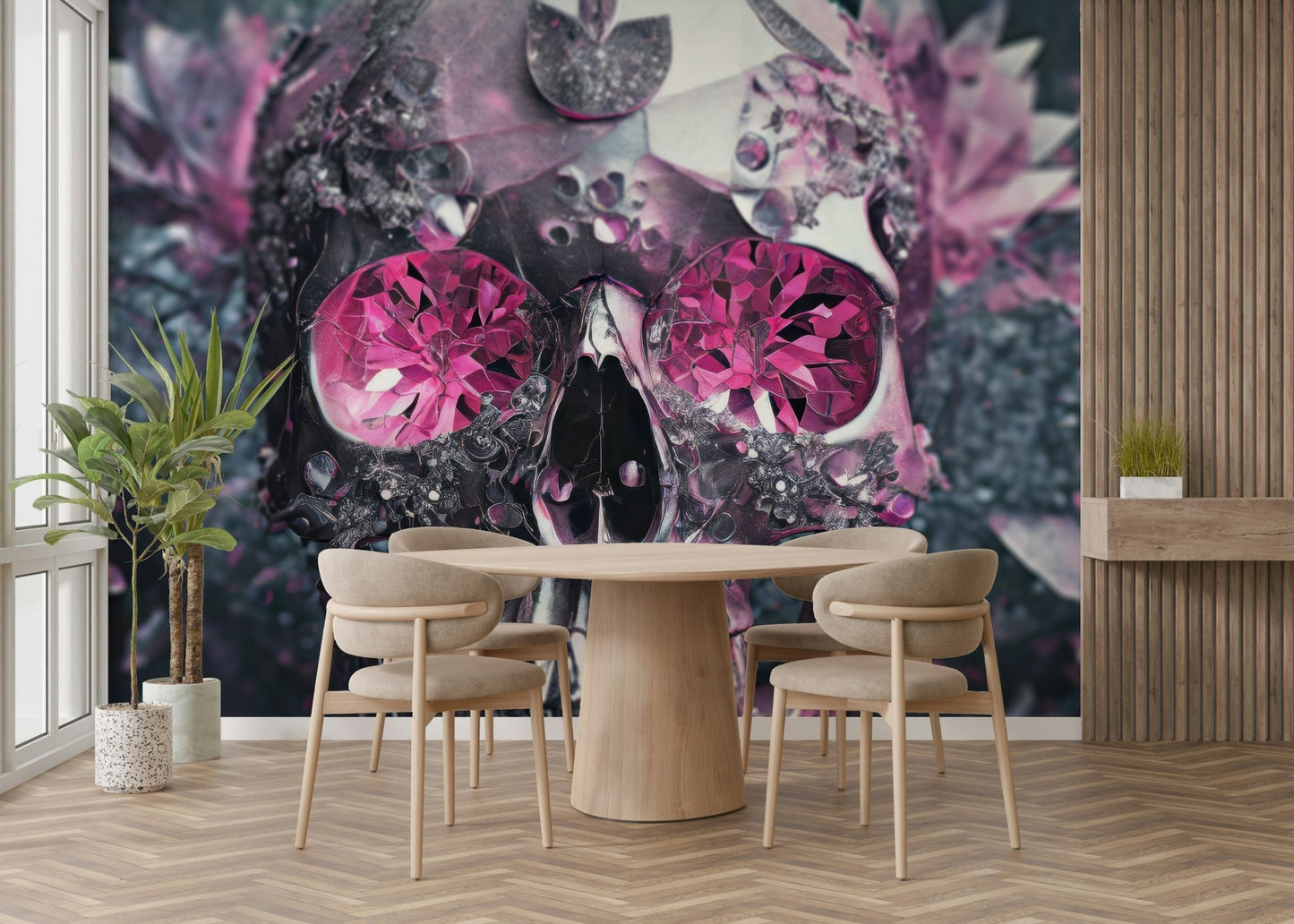 Skull with gemstone textures and blooming flowers