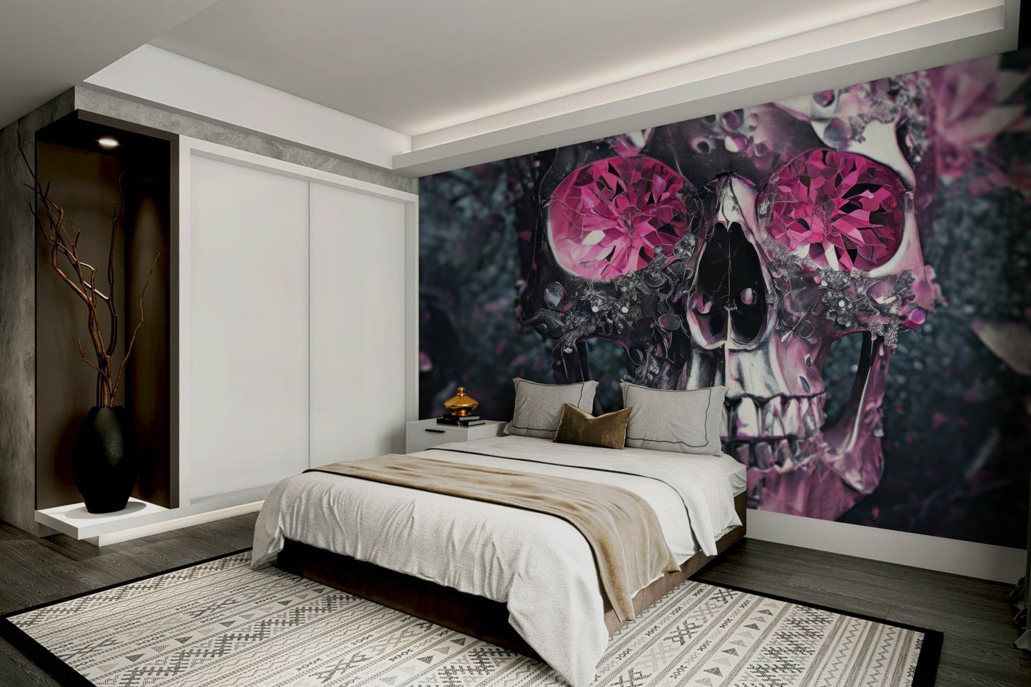 Jewel-toned skull and flower mural design

