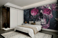 Jewel-toned skull and flower mural design

