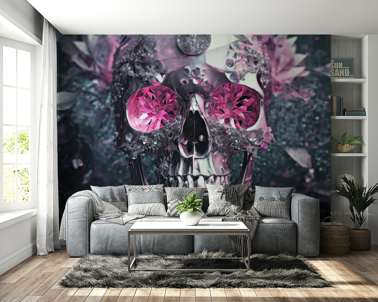 Statement wallpaper with artistic skull and florals


