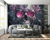 Statement wallpaper with artistic skull and florals

