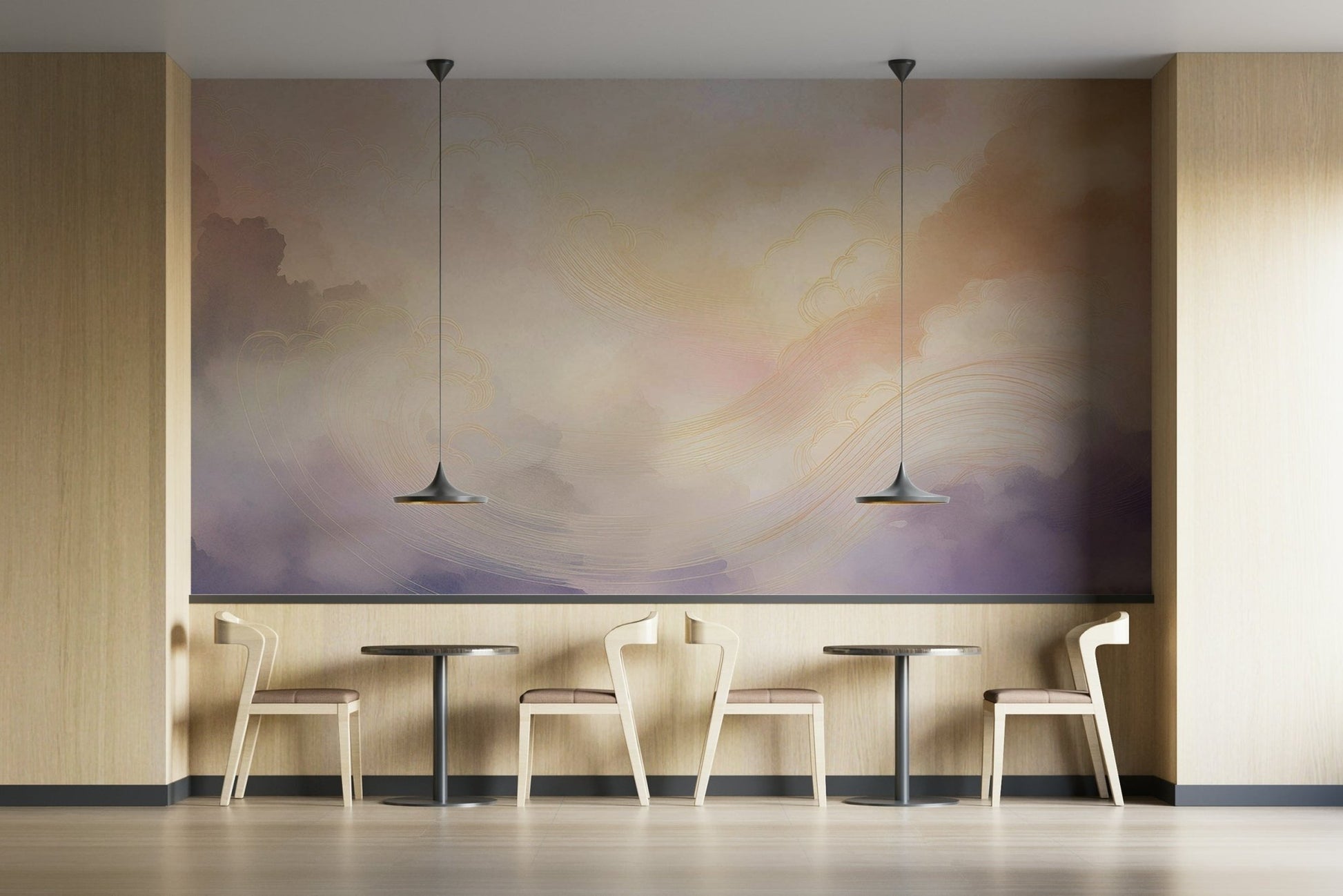 Dreamy sky mural for calming bedroom walls.


