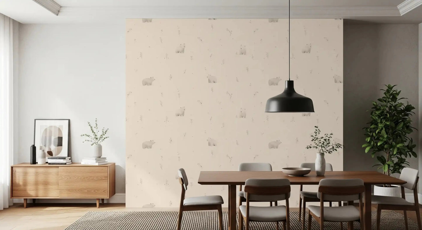 A cozy Dining room is dressed with the Gentle Bear Meadow wallpaper print, GD9071