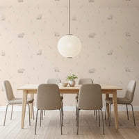 Soft bear motifs run behind a calm dining table in Gentle Bear Meadow wallpaper, GD9071