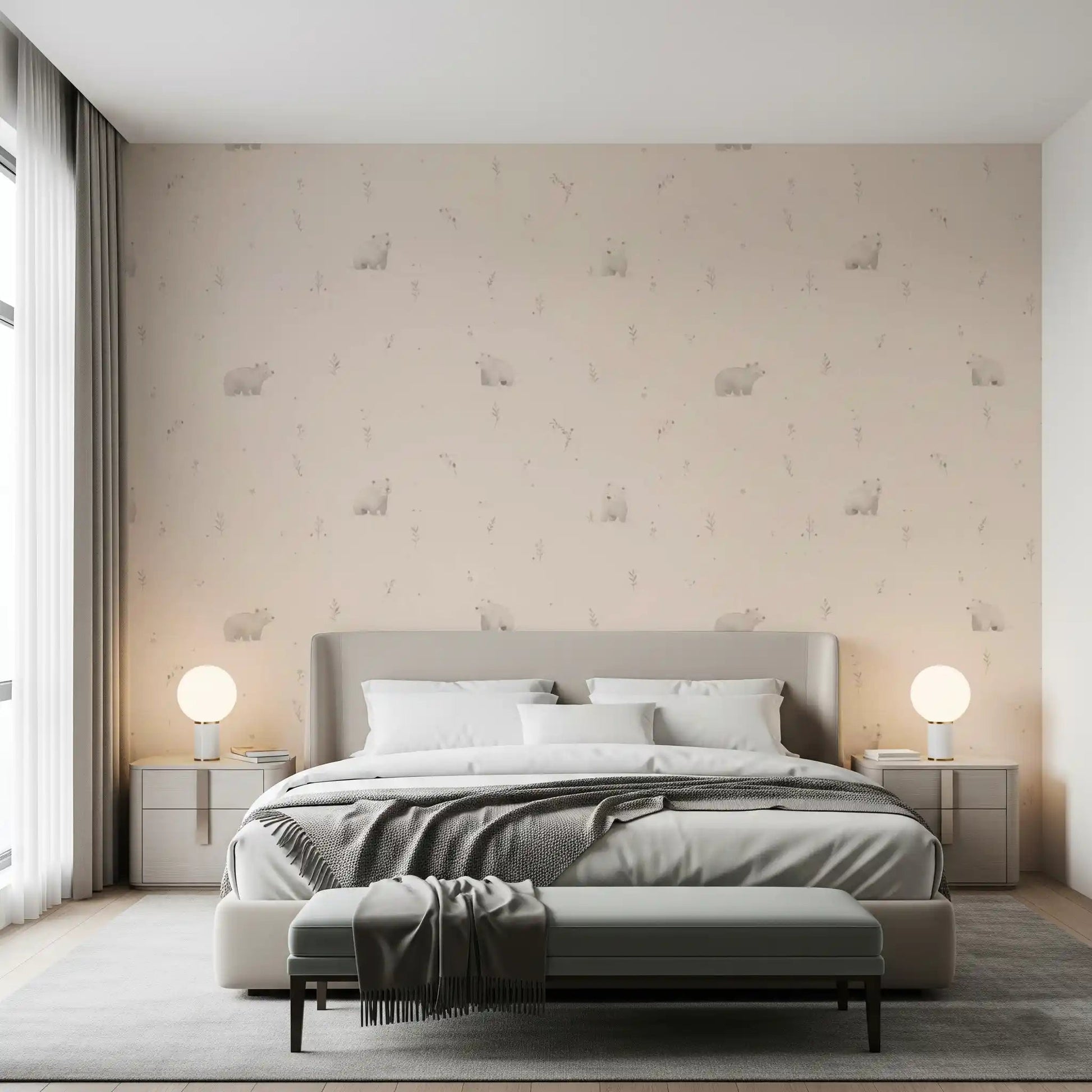 The bedroom feature opens up gently with Gentle Bear Meadow wallpaper, GD9071