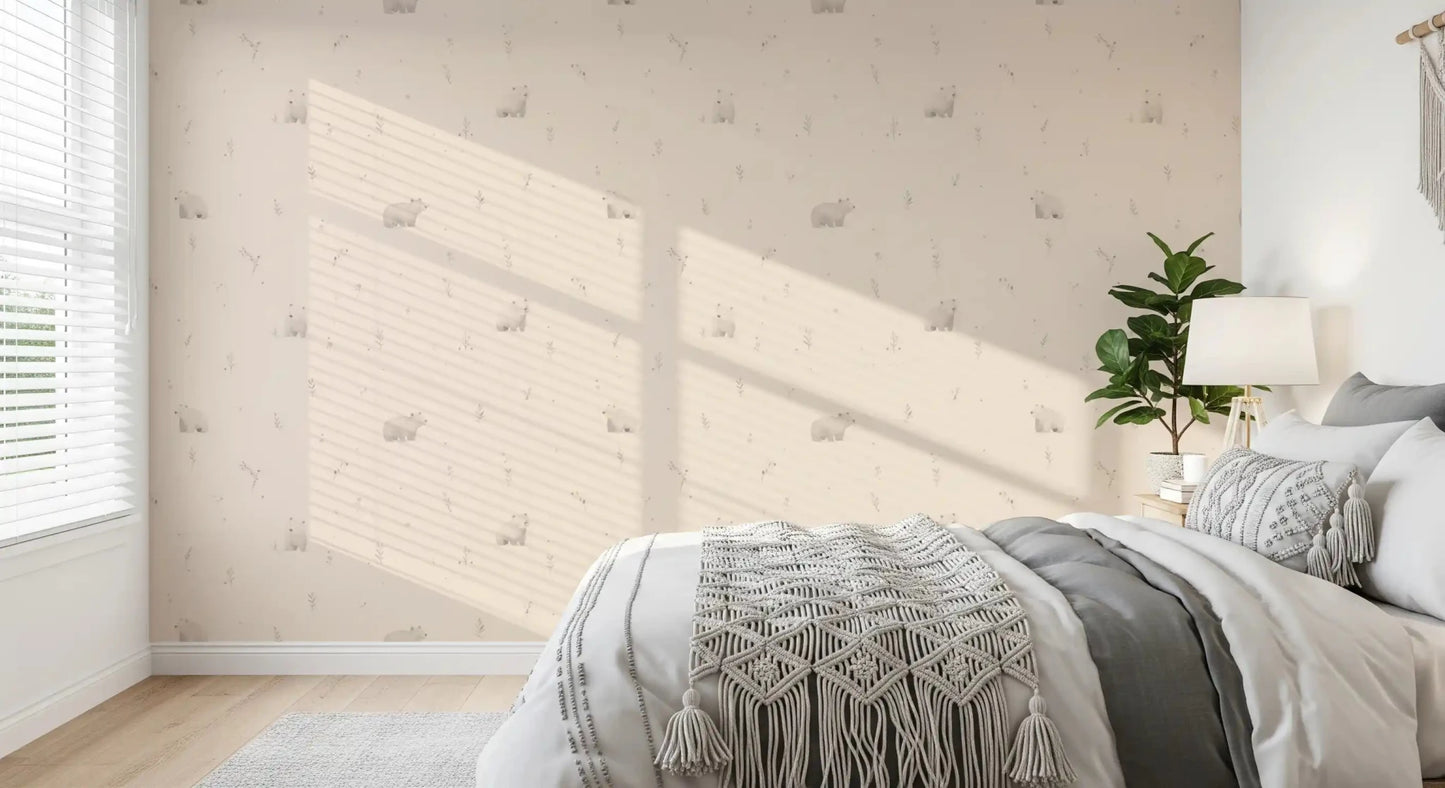 Calm peach and cream tones carry the Gentle Bear Meadow wallpaper rhythm, GD9071