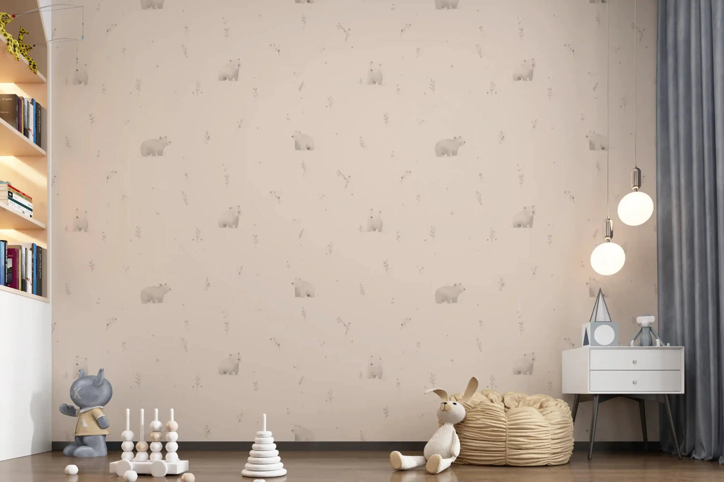 Beige tones drift across the Nursery in Gentle Bear Meadow wallpaper, GD9071