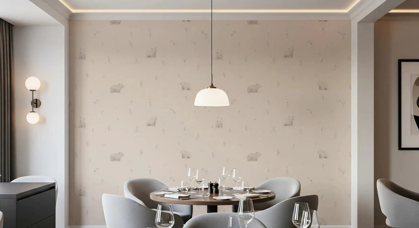 The Dining room sofa rests against a warm Gentle Bear Meadow wallpaper backdrop, GD9071