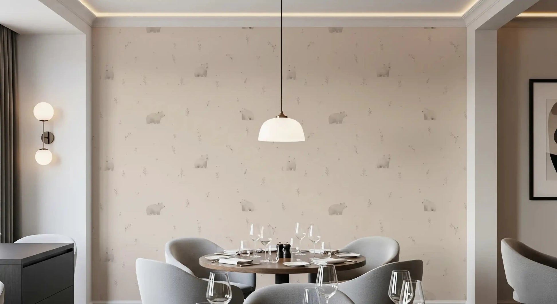 The Dining room sofa rests against a warm Gentle Bear Meadow wallpaper backdrop, GD9071
