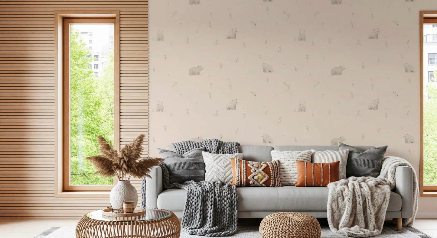 Open lounge gains a playful charm from this Gentle Bear Meadow wallpaper, GD9071