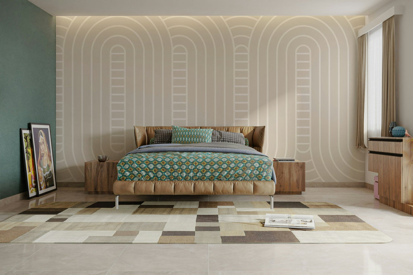 A peaceful wall mural with a modern, flowing pattern.