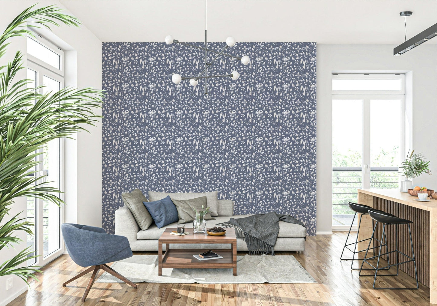 White floral Gentle Foliage Wallpaper hand-painted design.
