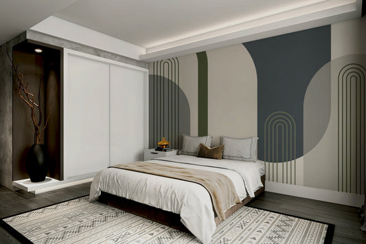 A wall mural of a geometric arch pattern.

